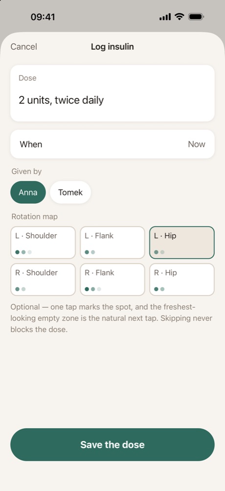 The injection-site map, with today’s site and the freshest empty spot.